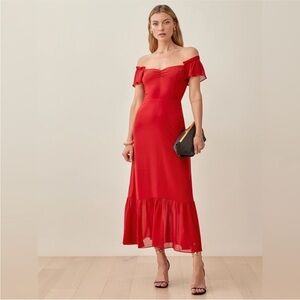 Reformation Red Off-Shoulder Butterly Flutter Sleeve Midi Dress